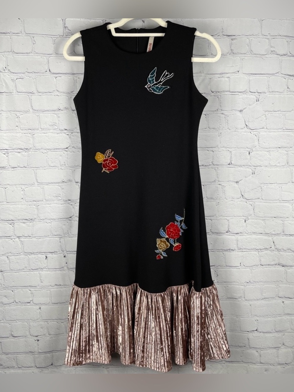 Black Embroidered Floral & Bird Dress with Rose Gold Ruffle